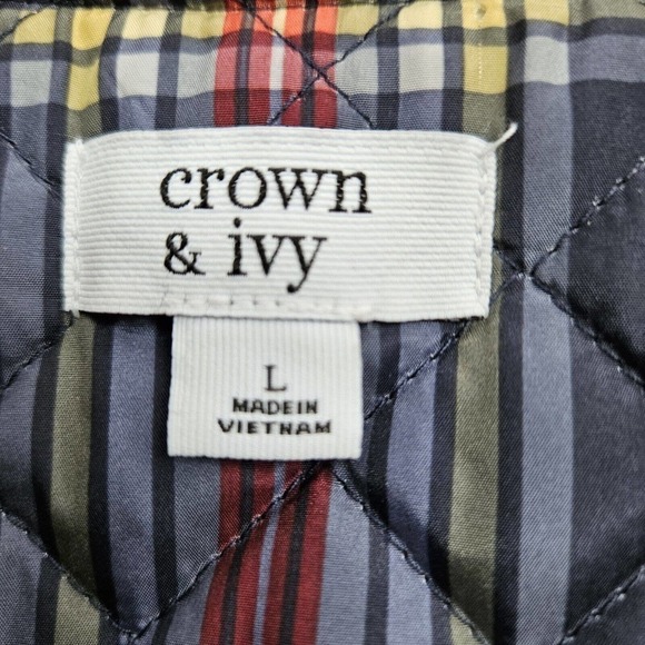 Crown & Ivy Navy Plaid Puffer Quilted Jacket Quilted Zip Front Fringe Pockets L - Picture 9 of 10